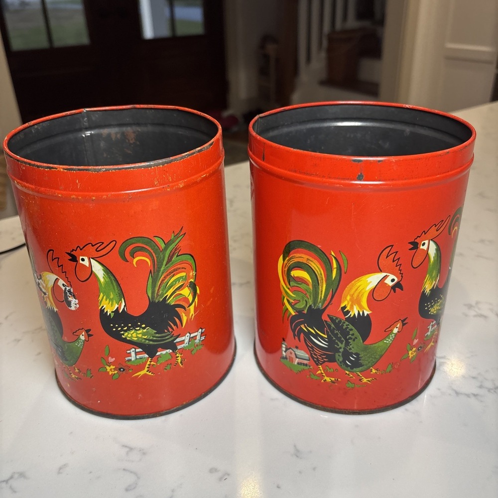 VTG 2 Luzianne Coffee & Chicory Advertising Tins Folk Art Rooster Hen No Lids